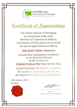 INDIASTAR & PACMACHINE Award 2024 Certificate from Indian Institute of Packaging
